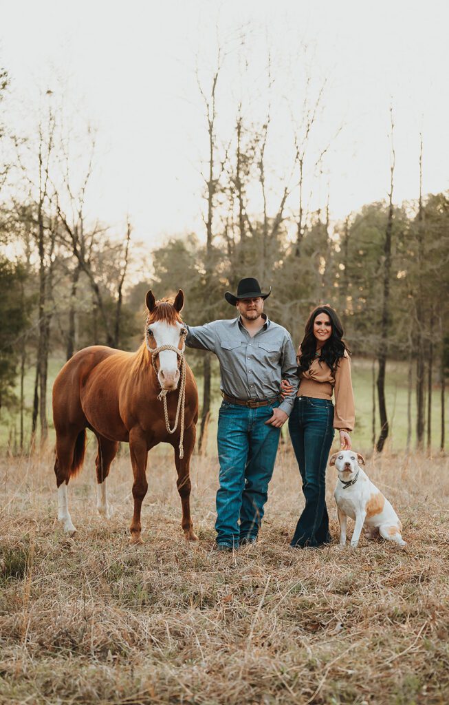 Western engagement photos with horse and dog