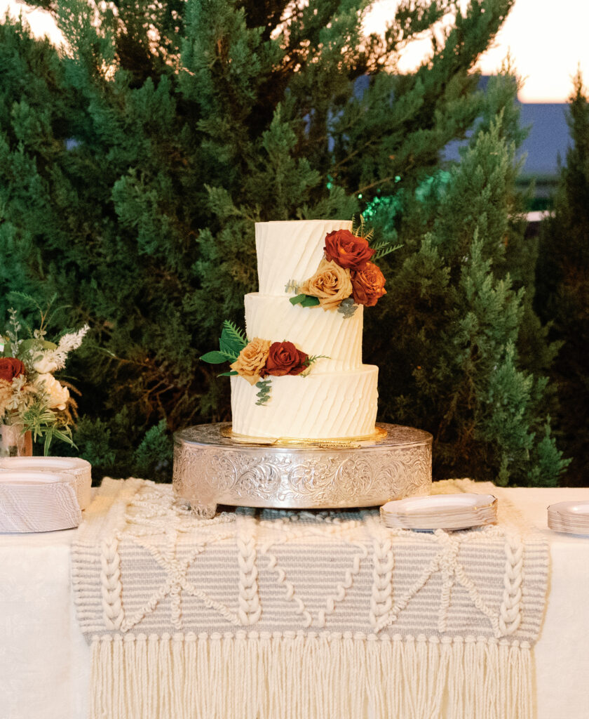 Wedding cake on antique cake stand